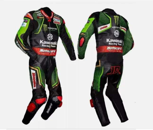 KAWASAKI Unisex BIKER MOTO GP MOTORCYCLE MOTORBIKE COWHIDE LEATHER RACING CE-RATED SUIT Men & Women