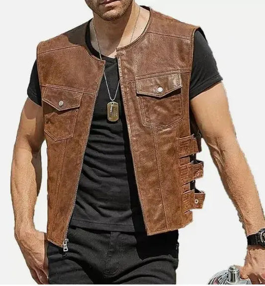 Men's Motorcycle Motorbike Sleeveless Genuine Leather Vest Biker Zipped Vest Outdoor Waistcoats Casual Wear Brown
